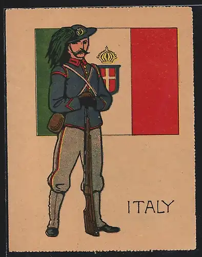 Künstler-AK Italy, Bersaglieri, Soldat der Infanterie vor Fahne