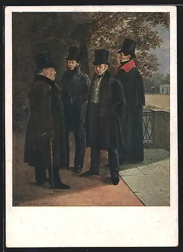 Künstler-AK Schriftstellergruppe mit A. S. Puschkin, I. A. Krylow, W. A. Shukowsky und N. I. Gneditsch