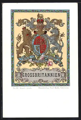 AK Grossbritannien, Dieu et mon droit, Löwe und Einhorn Wappen