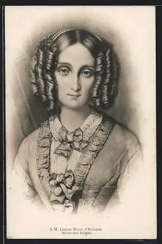 Künstler-AK S. M. Louise Marie d`Orléans, Reine des Belges, im taillierten Kleid mit Schleifen
