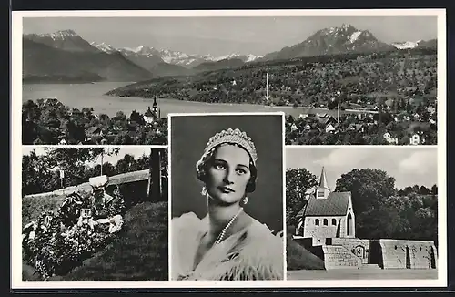 AK Küssnacht, Gedächtniskapelle d. Königin Astrid von Belgien, Porträt, Blick zum Ort