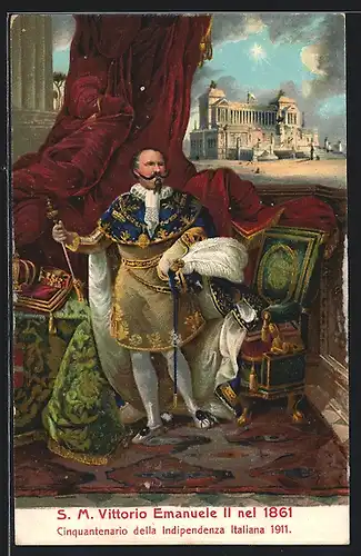 Lithographie König Vittorio Emanuele II. von Italien mit Zepter 1861
