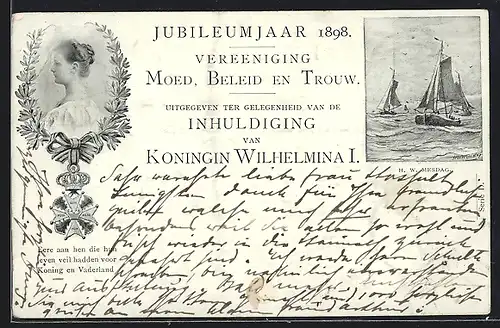 AK Koningin Wilhelmina I. von den Niederlanden, Jubileumjaar 1898, Vereeniging Moed, Beleid en Trouw