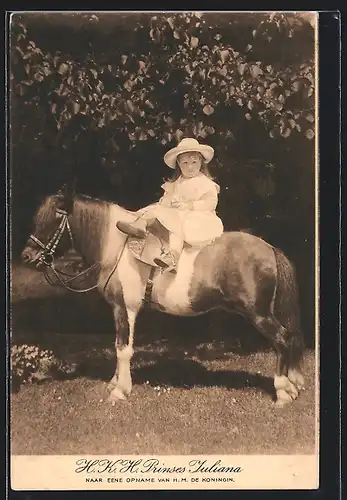 AK Prinzessin Juliana von den Niederlanden als Kleinkind, auf Pony sitzend