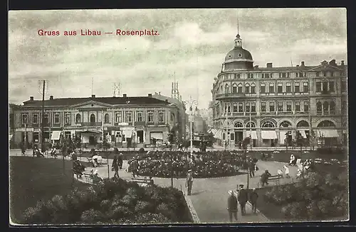 AK Libau, Belebter Rosenplatz, Strassenbahn an der Strassenkreuzung