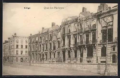 AK Liége, Quai des Pecheurs, Kriegsschäden