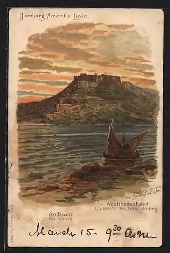 Künstler-AK Santiago de Cuba, Festung Morro im Abendlicht