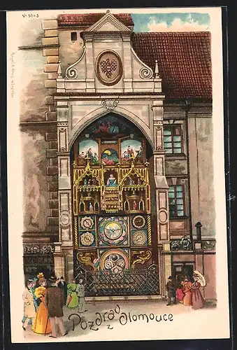 Lithographie Olmütz / Olomouce, Schaulustige bei der Astronomischen Uhr