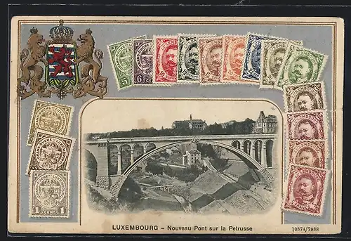 AK Luxembourg, Nouveau Pont sur la Petrusse, Briefmarken, Wappen