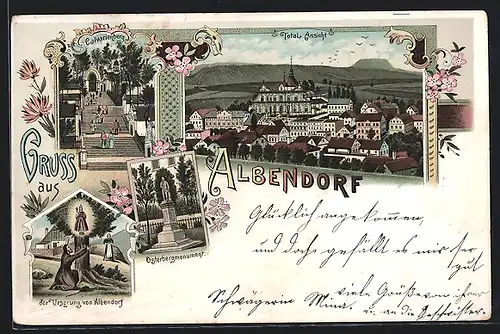 Lithographie Albendorf, Osterbergmonument, Calvarienberg, Totalansicht