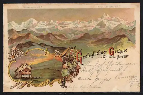 Lithographie Kitzbühler Horn, Grossglockner Gruppe und Berghütte