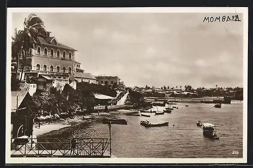 AK Mombasa, Ortspartie mit Ruderbooten auf dem Wasser