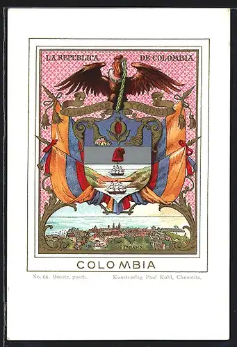 Lithographie Kolumbien, Länderwappen La Republica de Colombia, Adler und Flaggen, Segelschiffe