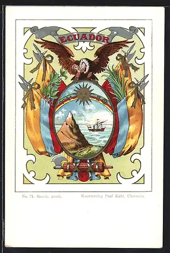 Lithographie Wappen und Flaggen von Ecuador