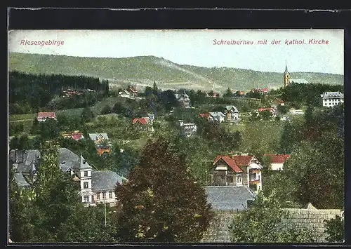 AK Schreiberhau, Ortsansicht mit Kathol. Kirche