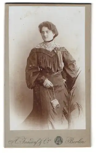 Fotografie A. Jandorf & Co, Berlin, Spittelmarkt 16, Junge Dame im schwarzen Kleid mit weisser Spitze und Handtäschchen