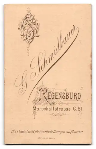 Fotografie G. Schmidbauer, Regensburg, Marschallstrasse 51, Junge Dame mit Stehkragen und Mittelscheitel