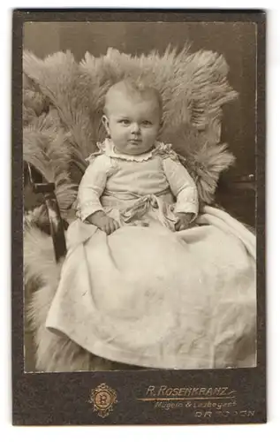 Fotografie R. Rosenkranz, Mügeln, Königstr. 32, Lustiges Baby im Kleid sitzt auf einem Fell
