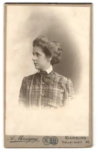Fotografie A. Mocsigay, Hamburg, Neuerwall 46, Junge Dame im karierten Kleid mit breiter Hochsteckfrisur