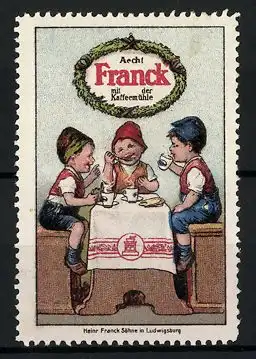 Reklamemarke Aecht Franck Kaffee-Zusatz mit der Kaffeemühle, drei Buben am Kaffeetisch