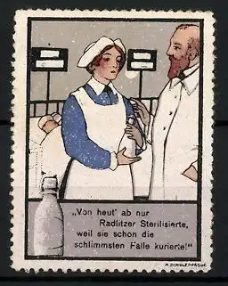 Reklamemarke Radlitzer sterilisierte Milch, Arzt und Krankenschwester vor einem Krankenbett stehend