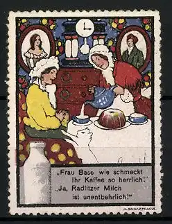 Reklamemarke Radlitzer Milch, Kaffeeklatsch zwischen zwei Frauen