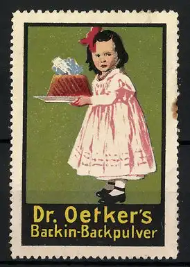 Reklamemarke Dr. Oetker's Backin-Backpulver, Mädchen mit gebackenem Kuchen
