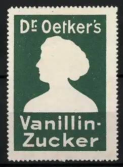 Reklamemarke Dr. Oetker's Vanillin-Zucker, Silhouette einer Frau, grün