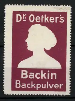 Reklamemarke Dr. Oetker's Backin-Backpulver, Silhouette einer Frau, rot