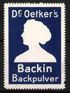 Reklamemarke Dr. Oetker's Backin-Backpulver, Silhouette einer Frau, blau