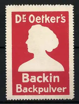 Reklamemarke Dr. Oetker's Backin-Backpulver, Silhoette einer Frau, rot