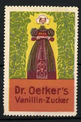 Reklamemarke Dr. Oetker's Vanillin-Zucker, Frau im Trachtenkleid