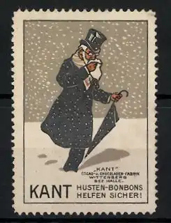 Reklamemarke Kant Husten-Bonbons, Kant Cacao und Chocoladenfabrik Wittenberg Bez. Halle, Mann im Schnee