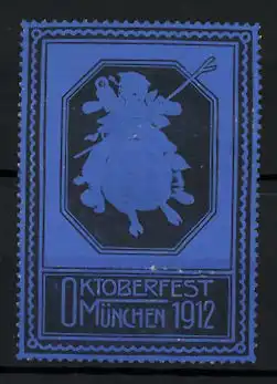 Präge-Reklamemarke München, Oktoberfest 1912, Münchner Kindl reitet ein Schwein, blau