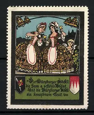 Reklamemarke Volkslied Würzburger Glöckli, zwei Würzburger Mädli mit Wein, Engel beim Glockenläuten