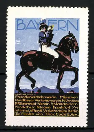 Künstler-Reklamemarke Ludwig Hohlwein, München, Fremdenverkehrsverein, Postillon zu Pferd, blau