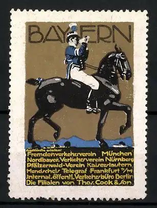 Künstler-Reklamemarke Ludwig Hohlwein, München, Fremdenverkehrsverein, Postillon zu Pferd, goldfarbend