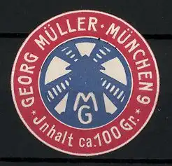 Präge-Reklamemarke Georg Müller, München, Mühle und Firmenlogo