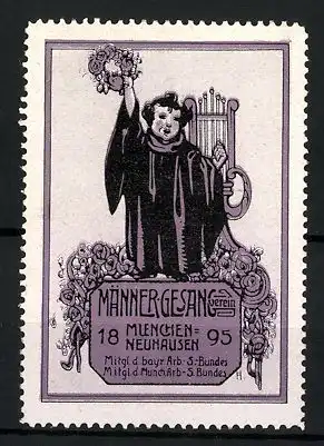 Reklamemarke Männer-Gesang-Verein München-Neuhausen, 1895, Münchner Kindl mit Lyra, violett