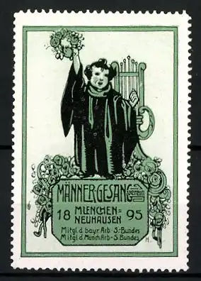 Reklamemarke Männer-Gesang-Verein München-Neuhausen, 1895, Münchner Kindl mit Lyra, grün