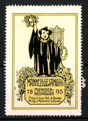 Reklamemarke Männer-Gesang-Verein München-Neuhausen, 1895, Münchner Kindl mit Lyra, gelb