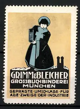Reklamemarke Grossbuchbinderei Grimm & Bleicher München, Münchner Kindl mit Buch