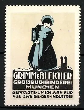 Reklamemarke Grossbuchbinderei Grimm & Bleicher München, Münchner Kindl mit Buch