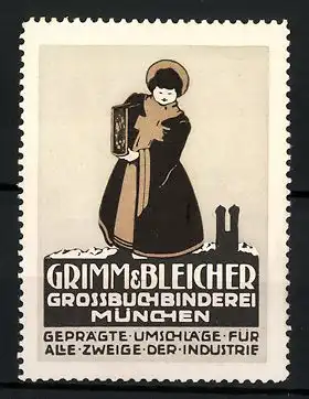 Reklamemarke Grossbuchbinderei Grimm & Bleicher München, Münchner Kindl mit Buch