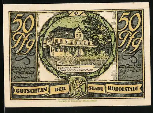 Notgeld Rudolstadt 1922, 50 Pfennig, Geburtshaus Charlotte v. I. Engefelds