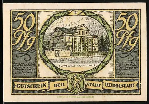 Notgeld Rudolstadt 1922, 50 Pfennig, Schillers Wohnung