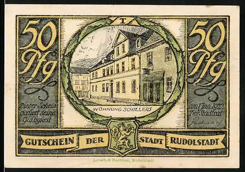 Notgeld Rudolstadt 1922, 50 Pfennig, Wohnung Schillers