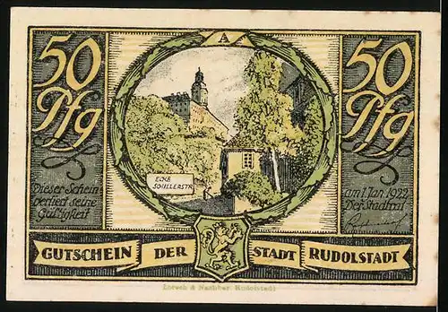 Notgeld Rudolstadt 1922, 50 Pfennig, Partie an der Schillerstr.