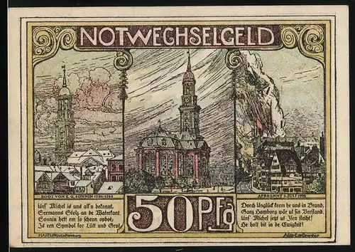 Notgeld Hamburg 1921, 50 Pfennig, Landungsbrücke bei St. Pauli, Michaeliskirch