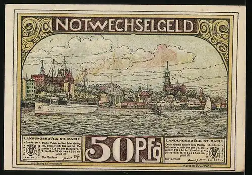 Notgeld Hamburg 1921, 50 Pfennig, Landungsbrücke bei St. Pauli, Michaeliskirch